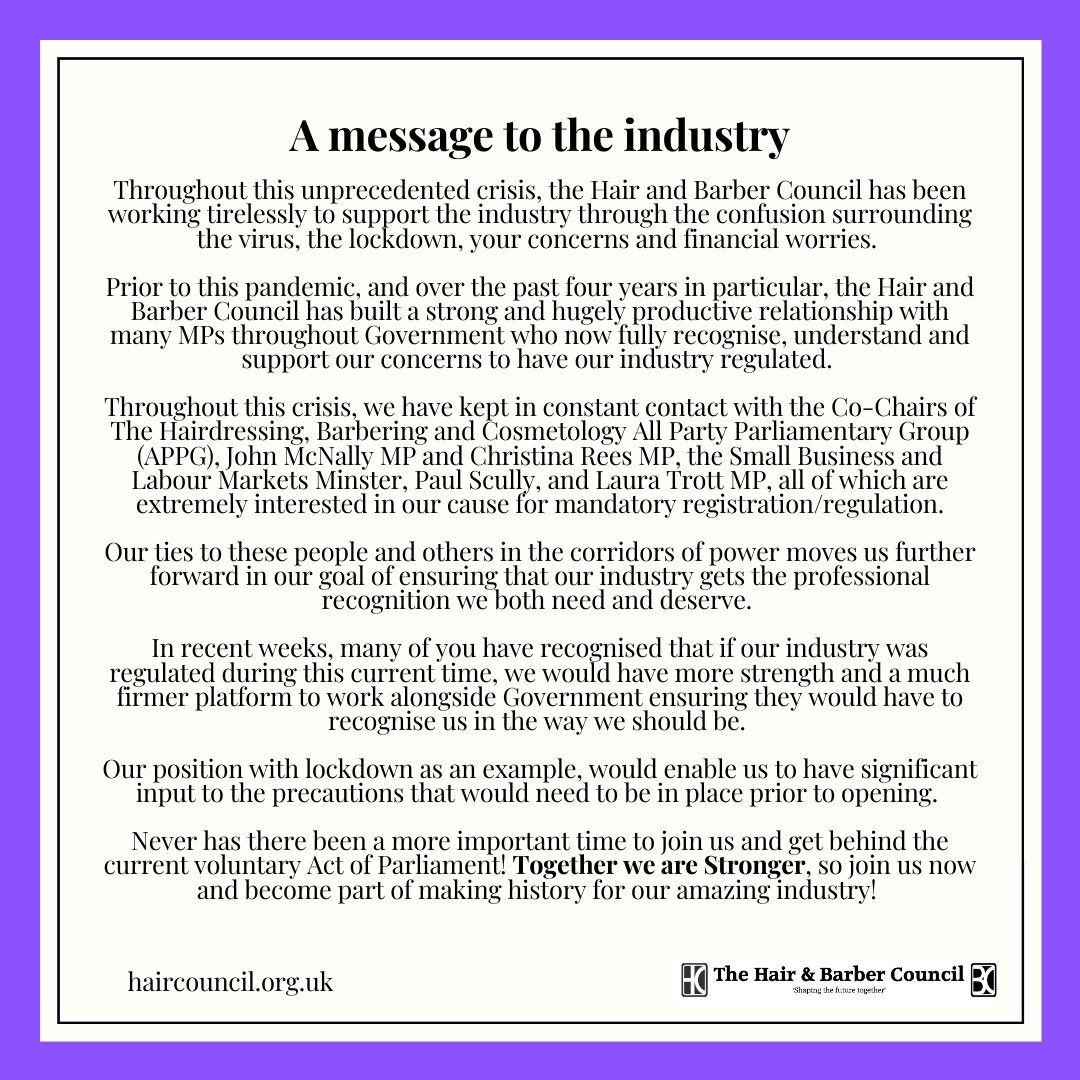 hairbarbcouncil's tweet photo. Here's a message from Registrar Keith Conniford to all hairdressers and barbers in the industry. We've been working hard behind the scenes to ensure our amazing industry isn't forgotten by Government - so join us and become registered today! https://t.co/1BEhAyrL5Q