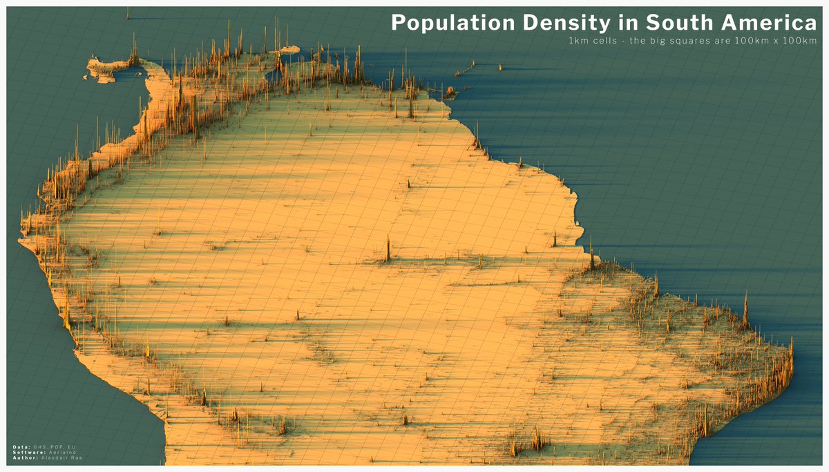 South America was a bit more difficult, but here are a few views of population density across the continent - looking closely, you can see some interesting patterns- a link back to the original blog post, which provides links to the data source etc  http://www.statsmapsnpix.com/2020/04/population-density-in-europe.html