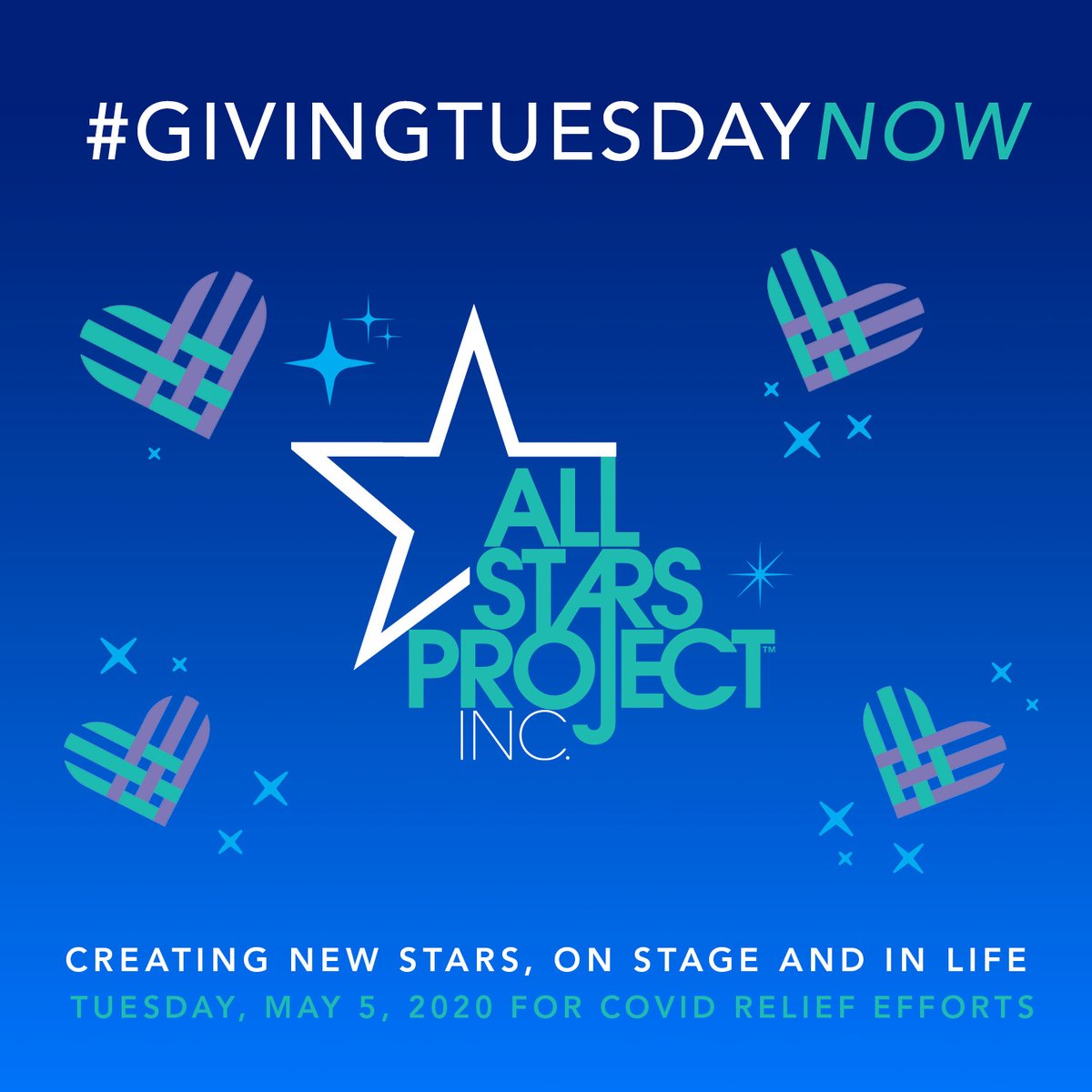 AllStarsProject's tweet photo. What are your plans this weekend? Join us in Creating New Stars, On Stage and In Life! All Stars Project is participating in #GivingTuesdayNow on May 5th! Help us reach our goal of involving 1,000 youth Nationwide by clicking here: https://t.co/yQGDbrPjyB
#DevelopWhileDistancing https://t.co/9MawgKzqkX