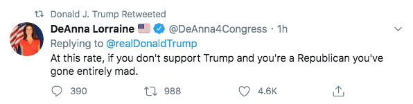 This morning, Trump retweeted the "SexCounseling" QAnon account 2 more times (he's now amplified the account 9 times) & retweeted QAnon supporter & former congressional candidate DeAnna Lorraine Tesoriero (this is the 4th time he has amplified her).