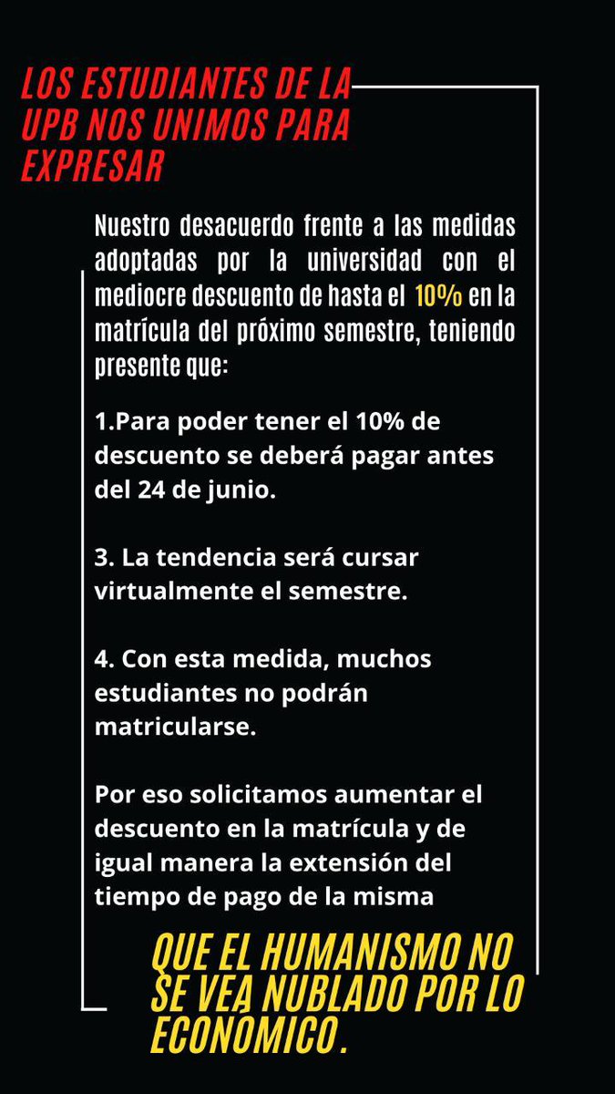 AramburoFelipe's tweet photo. El desacuerdo de los estudiantes de la @upbcolombia con el descuento y la fecha de pago para el segundo semestre de 2020 que, seguramente, será virtual. Hacen propuestas. @Teleantioquia #ConsejoTA #TANoticias #ElFaro10 @juanbenjumea13 @camaramirez20 @CarlosNaranjo @Mineducacion https://t.co/AdhkOIplGx