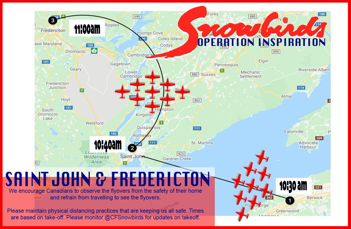 SUNDAY FLYPASTS: Times are approximate and subject to change for weather. Monitor this page for real-time updates. #OperationInspiration #CFSnowbirds #NovaScotia #NewBrunswick #Halifax #Fredericton #SaintJohn #Greenwood #RCAF #shearwater #HMCSFredericton #RCMP