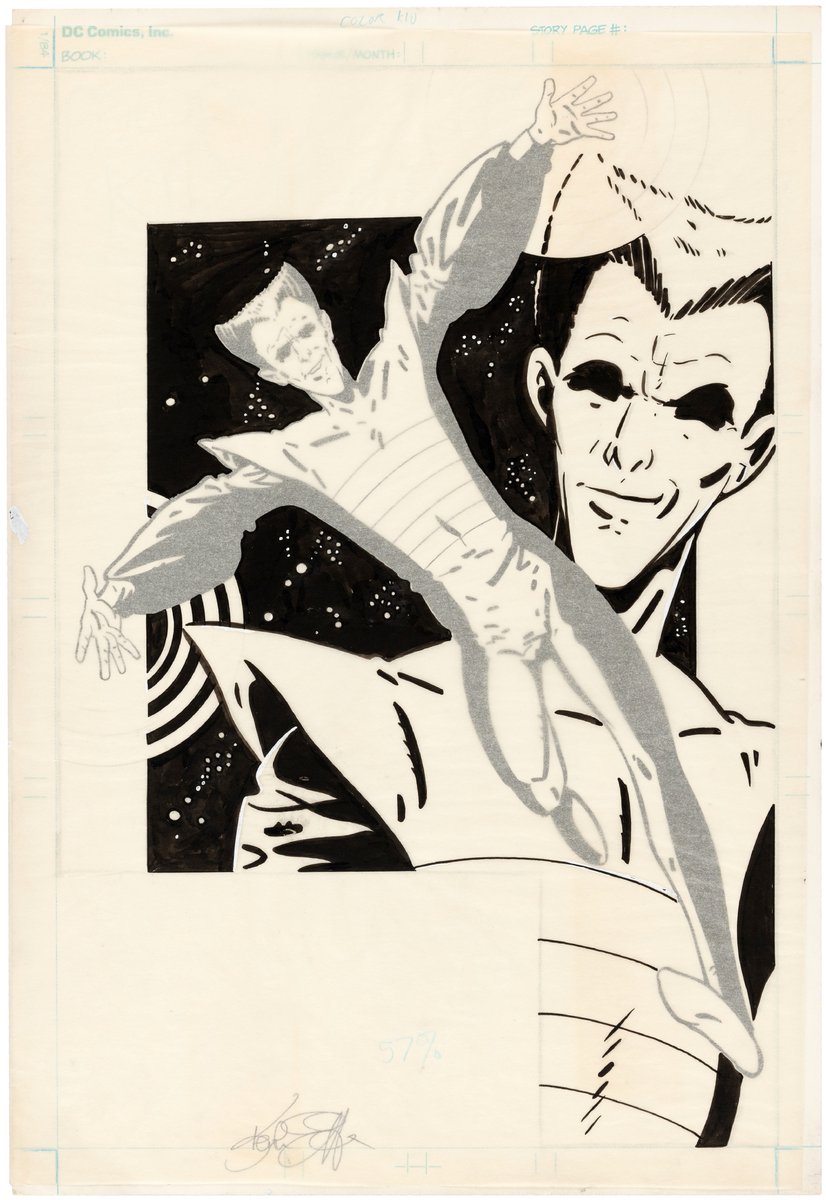 MichelFiffe's tweet photo. Surprint! It's basically a color hold. Take this Giffen piece for Who's Who. Main figure gets inked on the original art board but the background gets inked on an overlay sheet (like stronger tracing paper). Photoshop made this process obsolete. cc @deLisleAndrew https://t.co/unyBS8vA2V