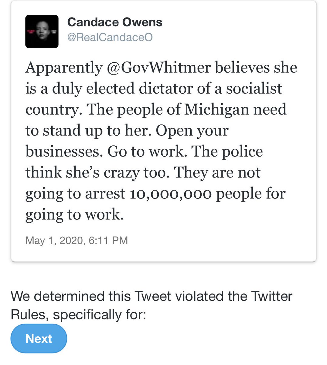 DavidJHarrisJr's tweet photo. .@twitter just suspended @RealCandaceO for this tweet! 

And she just told me they didn’t site any rule as for suspending her! 

RT! https://t.co/3QolHq2yEG