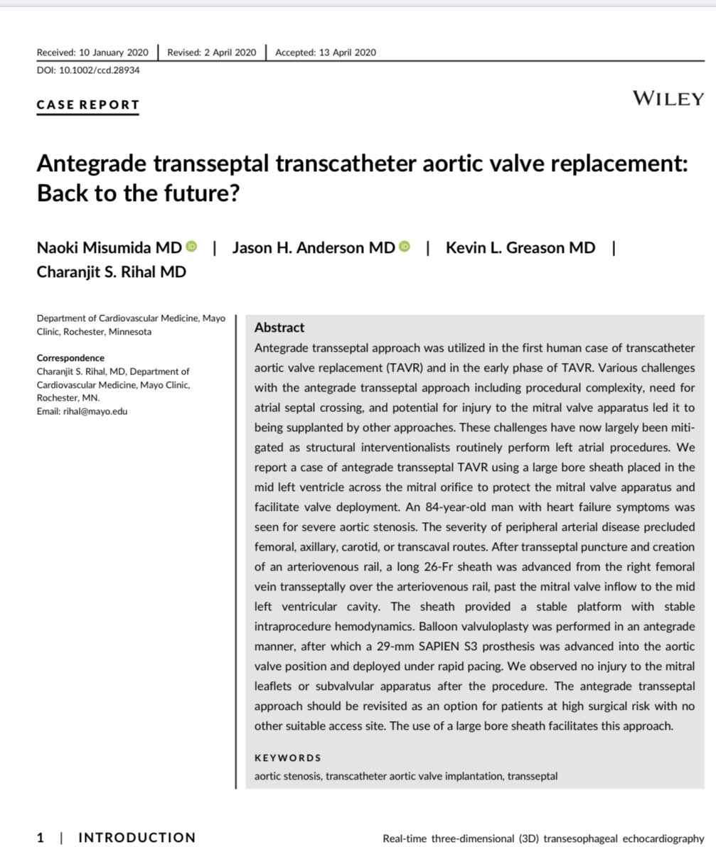 Our case report re-creating the original antegrade transeptal approach to TAVR using an AV rail with long 26 French sheath to protect the septum and mitral valve. Might be a viable alternative access in selected patients.