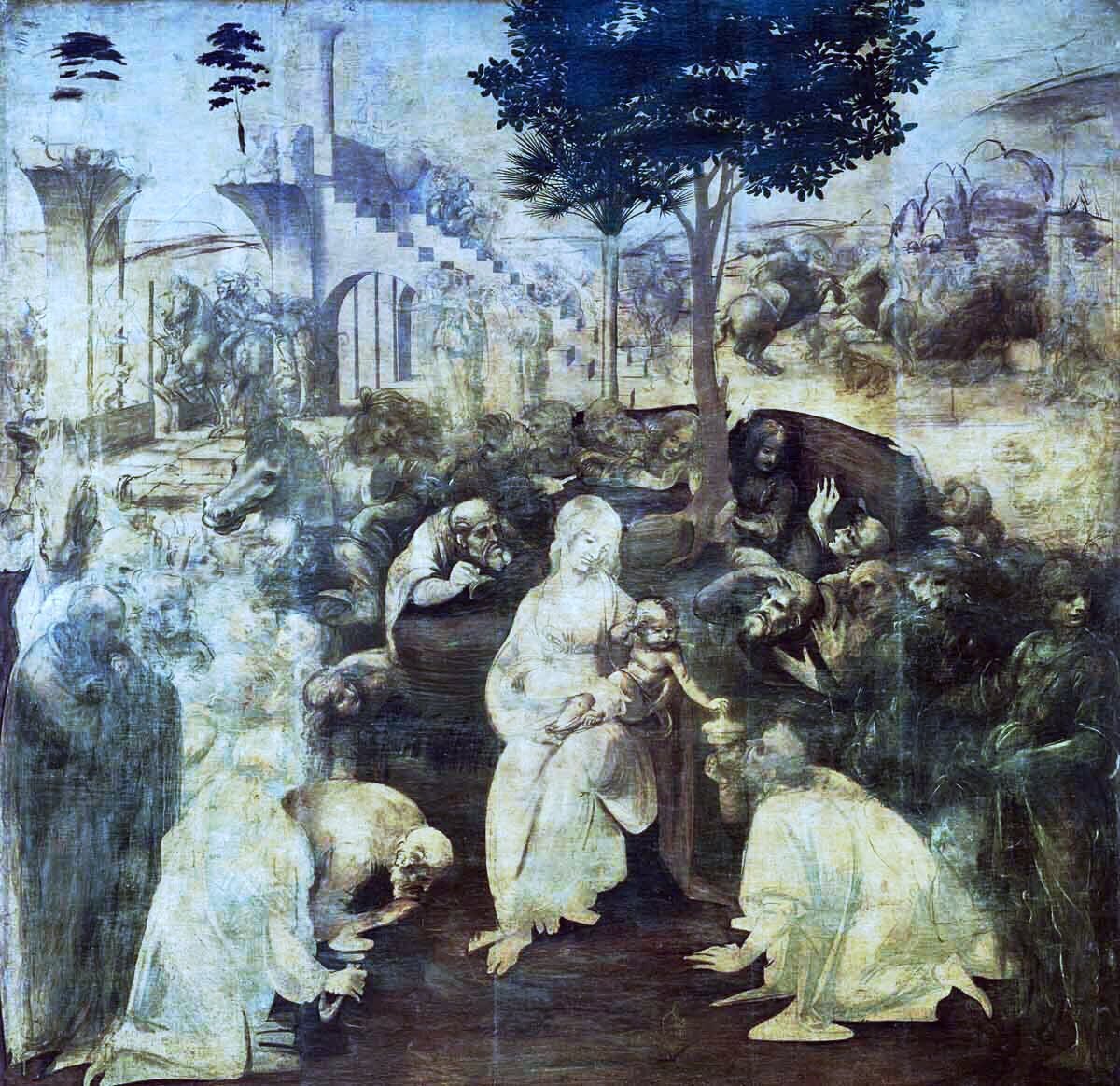 Adoration of the Magi (1481-2) with sketches for the work. He was painstaking when working on an image. Much research was done, sketches made & unique paint created. Such preparation & experimentation meant that works were often unfinished, were lost or completed by others.