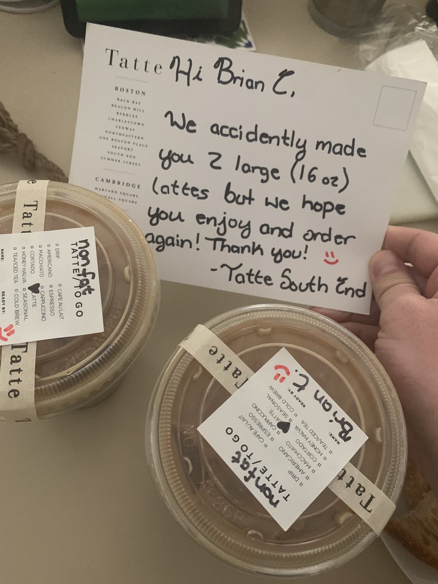 MikeMosesWMUR's tweet image. Thanks @TatteBakery for the cute note and large lattes! #icelatte #takeout