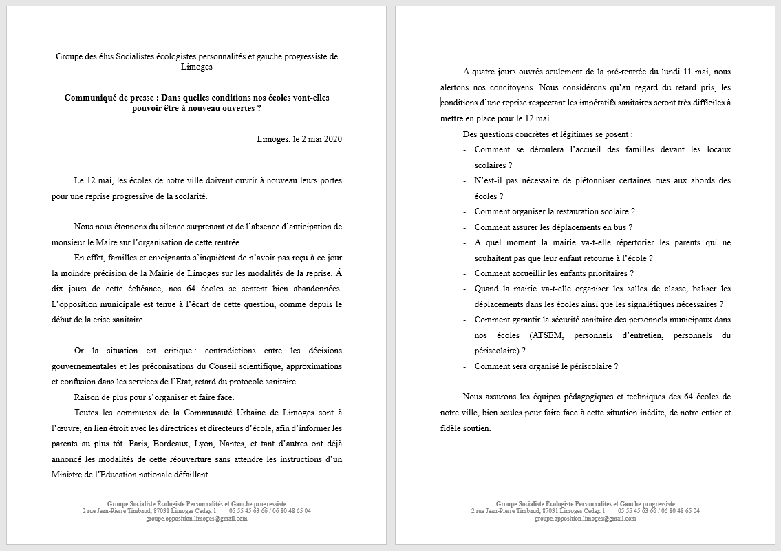 PS_Limoges's tweet photo. Retrouvez notre communiqué de presse concernant l'ouverture des écoles de la ville de Limoges le 12 mai prochain. https://t.co/7YJ4HO79BB
