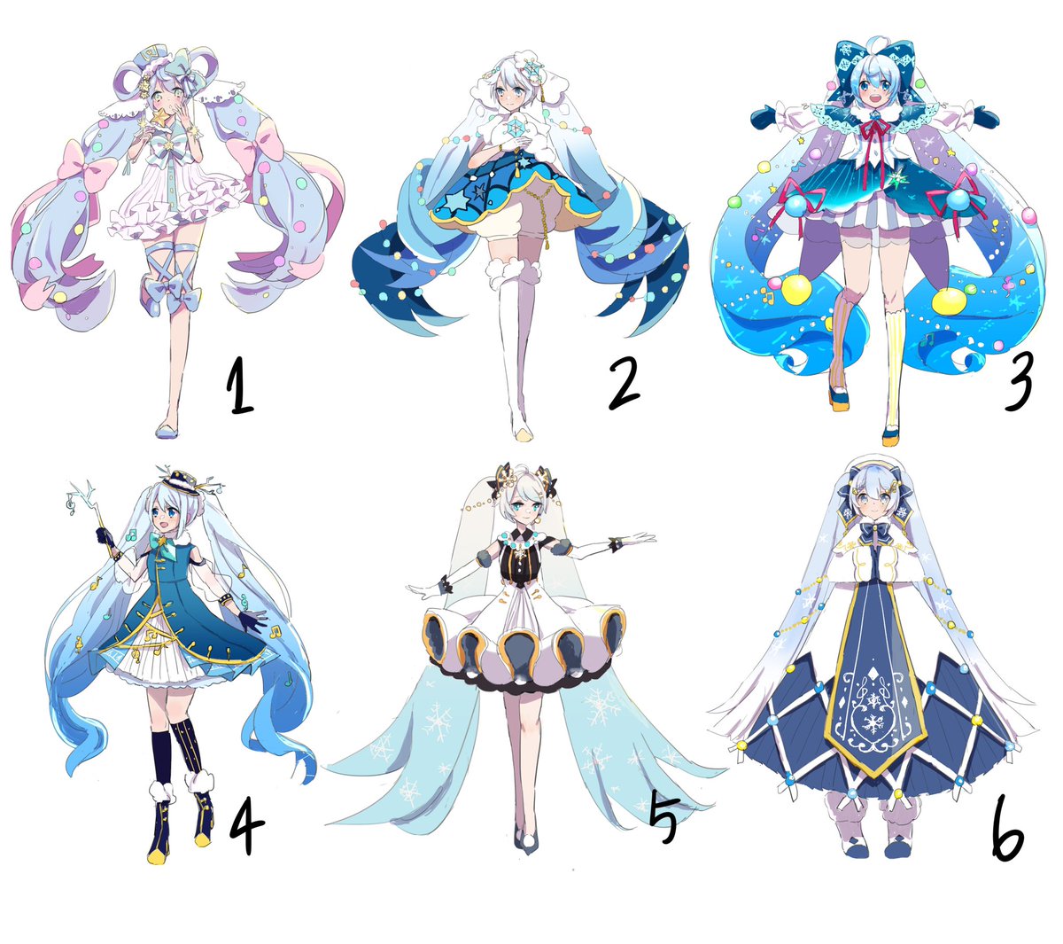 初音ミク ,雪ミク 「雪ミク2021候補ちゃんズ、描いてみましたー!参考になれば嬉しいです!

▼投票」|かしゅー@2番に投票おねがいしますのイラスト