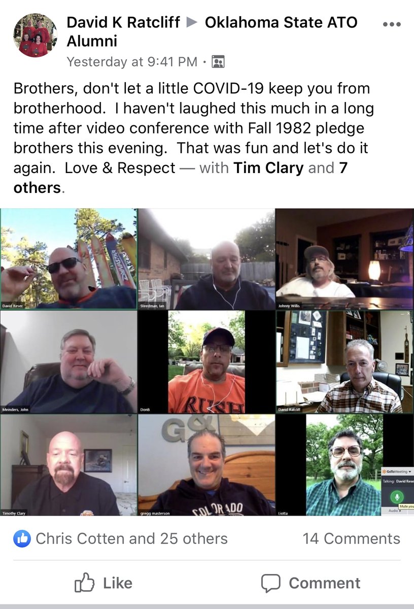 Excellent idea from the 1982 Oklahoma State Taus! Take a moment and reach out to some brothers you haven't talked to in a while. We won't let the separation stop our brotherhood. Love and Respect