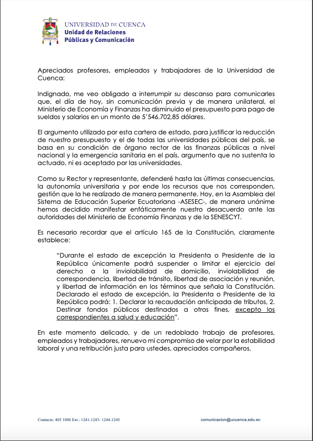 udecuenca's tweet photo. #NoAlRecorte
@PVanegas: "Hemos buscado dialogar con el Ministerio de @FinanzasEc pero no hemos recibido la apertura, hay gastos que estamos dispuestos a evitar, pero particularmente la docencia no puede ponerse en riesgo, si afectamos el pago de salarios afectamos el futuro". https://t.co/NfD9rkOULq