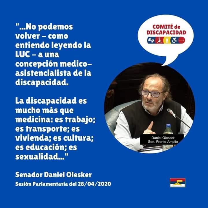 DanielOlesker's tweet photo. Agradezco al comité de discapacidad del FA que difundió en esta placa el cierre de mi intervención en el senado, que es una definición de la propia comisión. Cuando asumimos con Marita Muñoz en el MSP y pasamos a PRONADIS al MIdes lo hicimos con esa convicción. https://t.co/P0RrXW65LZ