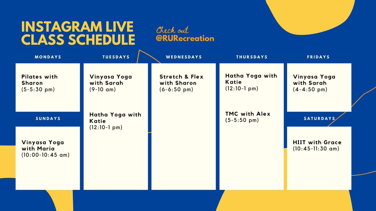 recreationtmu's tweet photo. Hey Rams! We’ve made some changes to our Instagram live classes! Here is the latest version⬇️⬇️ See you there! 💙💛
#MoveYourWayToWellness #StayHome https://t.co/N797fqMjTy