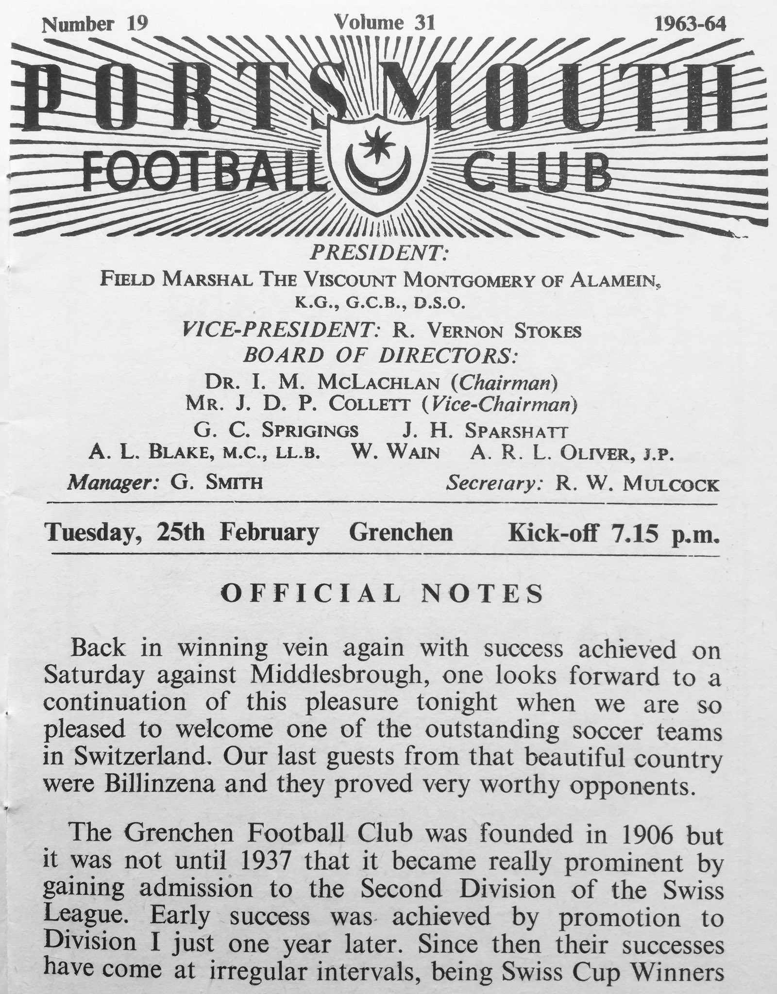 Mal Winkles Football Nostalgia Portsmouth V Grenchen Switzerland Friendly 25 2 64 Pompey Grenchen Gprogs
