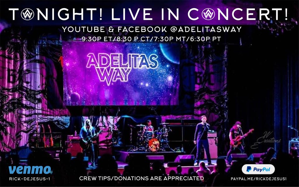 It's ON! Gather your quarantine crew &amp; rock out tonight with <a href="/adelitasway/">Adelitas Way</a> ! What's your bartender pouring tonight? Cocktail, beer or going virgin? Partaking of the devil's lettuce? Let's forget life for a bit &amp; come together w/music 🤘🏻#LiveStream #Music #IndieBand