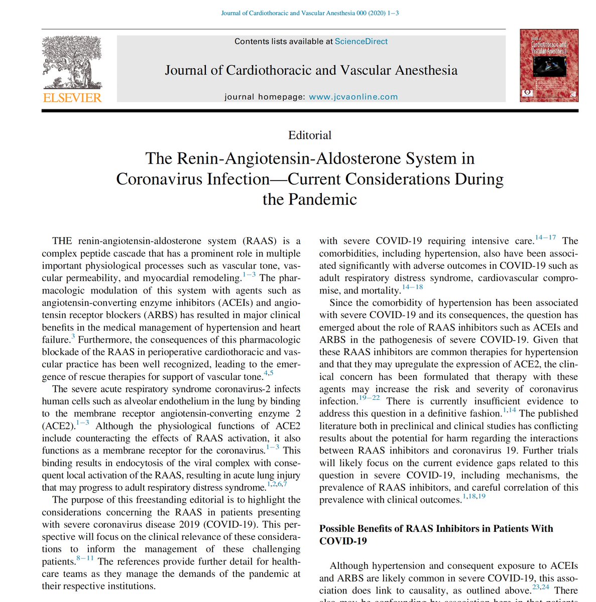 JCVAonline's tweet photo. Severe #COVID-19 disrupts  Renin-Angiotensin-Aldosterone axis, with implications for organ dysfunction, vascular tone. In most cases, existing therapy with #ACEIs and #ARBs be continued. In circulatory shock, these may be discontinued. https://t.co/KOrJmEx2Ju https://t.co/kW8rYkWaWP