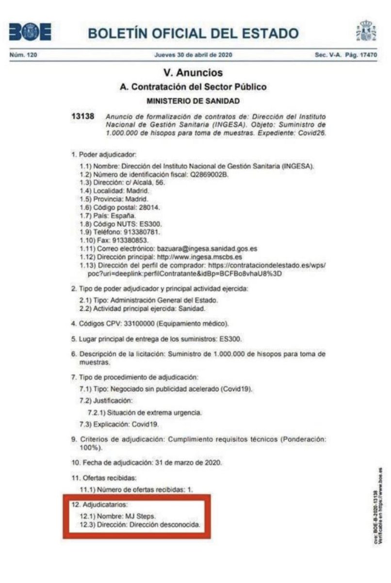 rosadiezglez's tweet photo. Me lo acaban de enviar. Realmente inconcebible. Ver el recuadro final enmarcado en rojo: una adjudicación de 1.000.000 de hidopos para muestras Covid del Ministerio de Sanidad a una empresa cuya dirección es ¡desconocida! Huele que apesta. https://t.co/FUE4Nve9HF