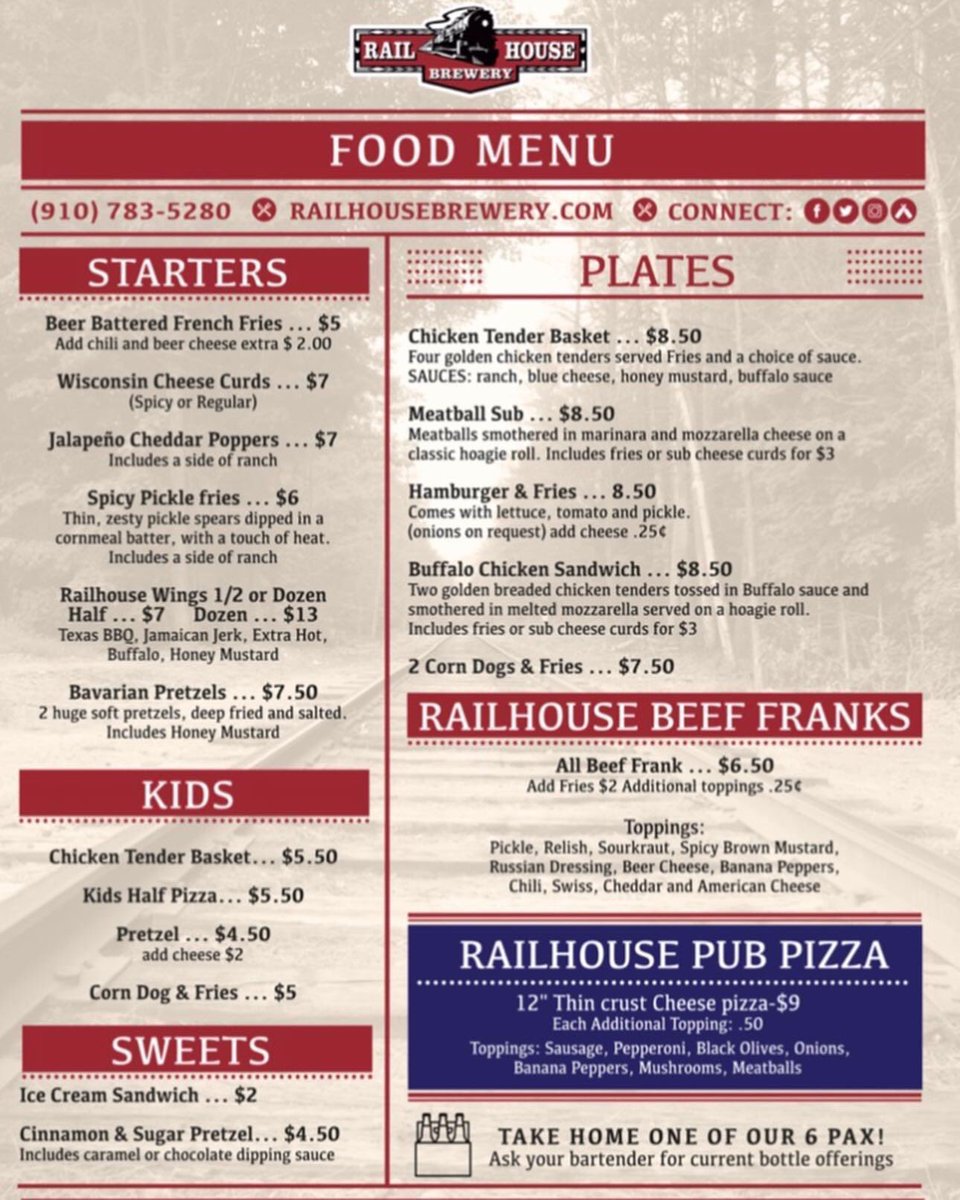 Railhouse Brewery has a great menu! Call your order in today! Open noon to 7pm Saturday , then Sunday- Friday is 2pm - 7pm. We also have 8 different six packs and ALL Railhouse brand growler fills! plus 20% off Kegs for Covid support. Call ahead for fastest service 910-783-5280🍺