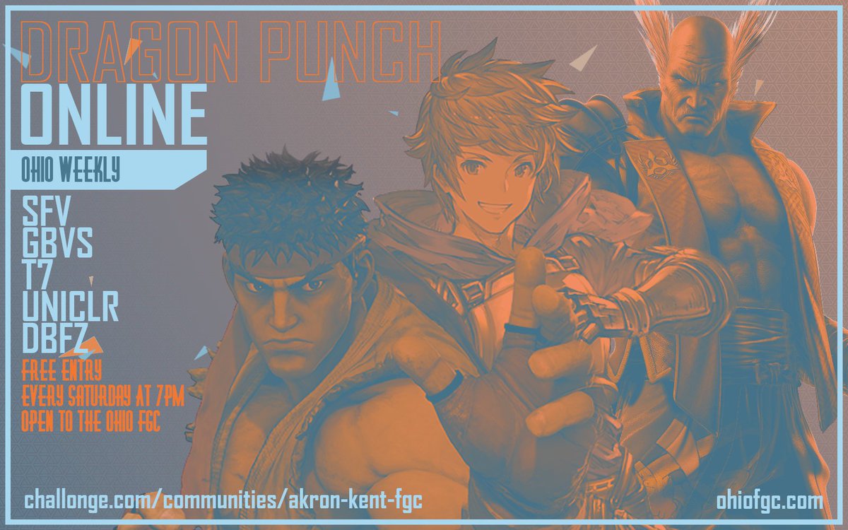 akronfgc's tweet photo. Dragon Punch: Online #8 is today!  Starting at 7 we'll have MB/DBFZ/SFV/T7/GBVS online brackets that are free for the Ohio FGC!  Streams and more info on the event page!

Sign up here 👇

https://t.co/td16PW9DUZ https://t.co/OMbTFXh7a2