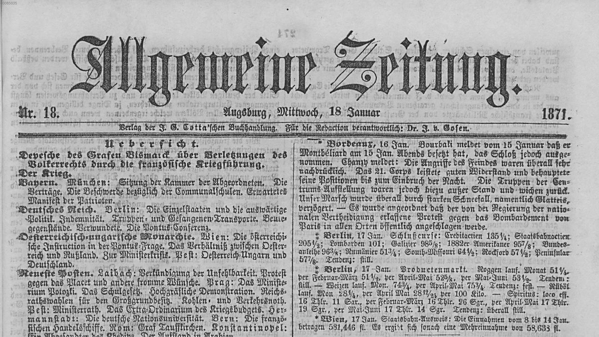 3 Informationen, die den Propagandacharakter des Anton von Werner-Bildes verdeutlichen: Die Kaiserproklamation wurde von der Öffentlichkeit kaum wahrgenommen. Sie war ein eher arbiträres Ereignis. Die Zeitungen wissen von nichts.6/