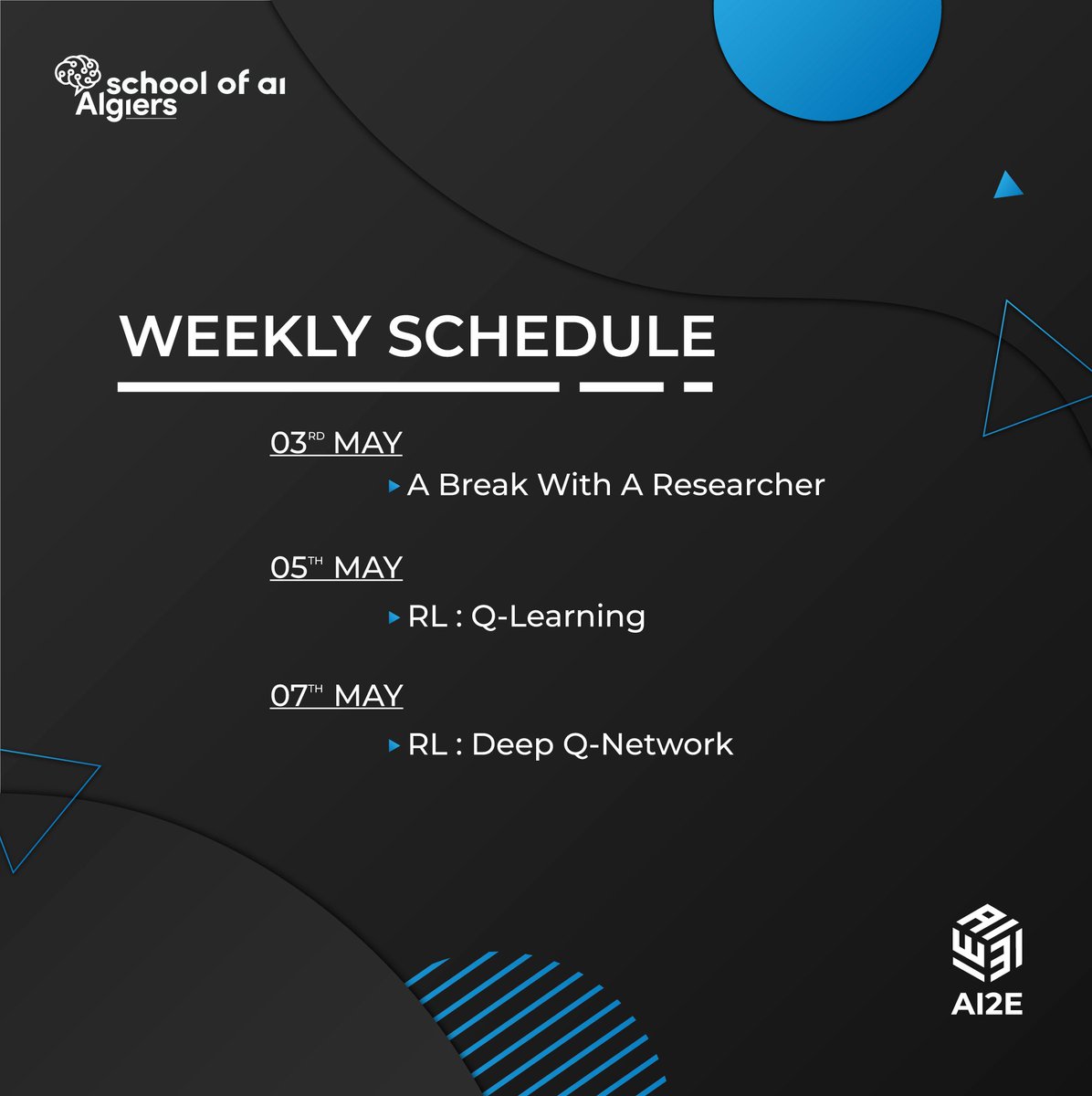 SoAIAlgiers's tweet photo. Hello AI mates!
The second week of Ramadan is here! and we are here too! Things are getting tough now!
Check out the cool things that we have prepared for you 🔥🔥
Be there we count on you 💯 !
#schoolOfAi #AI2E #WEEK_5 https://t.co/Mlmqzdx3UD