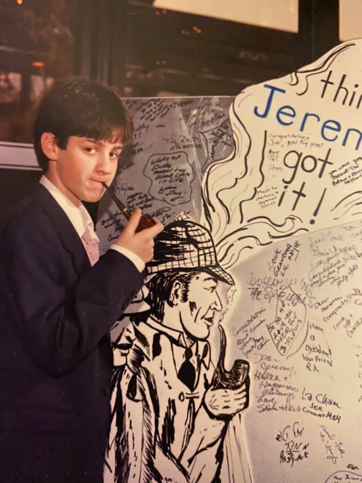 jeremynewberger's tweet photo. BREAKING NEWS: My sister @Devralicious has unearthed this photographic proof that my Bar Mitzvah theme was Sherlock Holmes. Discuss among yourselves. #NerdKing https://t.co/8qn4TPRclT