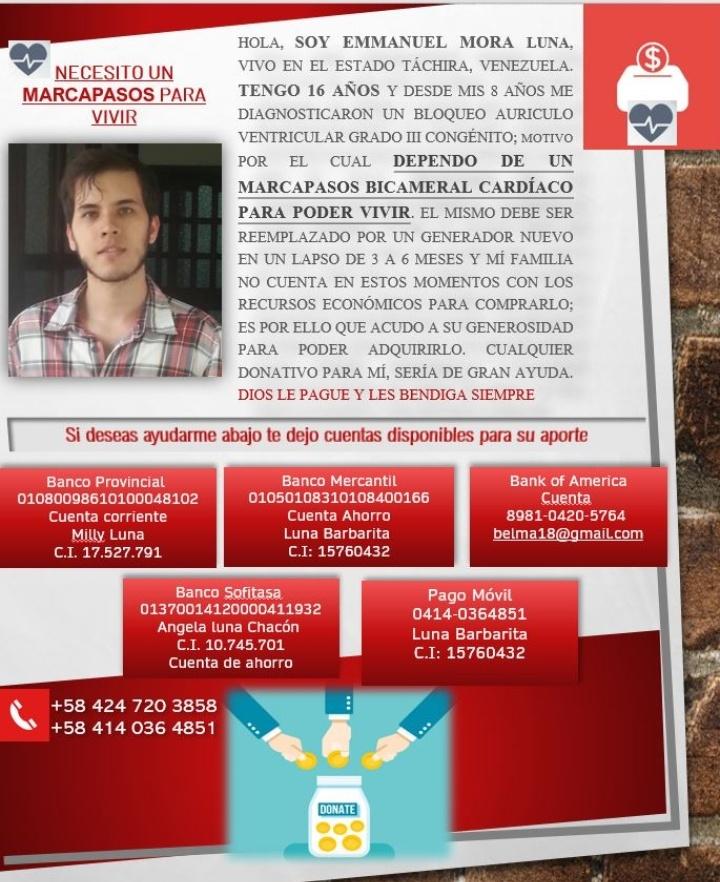 Bitacora58news's tweet photo. #SevicioPublico Enmanuel Mora Luna es un joven Tachirense  de 16 años q le diagnosticaron BLOQUEO AURICULO VENTRICULAR GRADO 3  CONGENITO 
RAZON POR EL CUAL NECESITA UN MARCAPASOS 
Si puedes ayudarme con un RT https://t.co/U6j08gW0s1