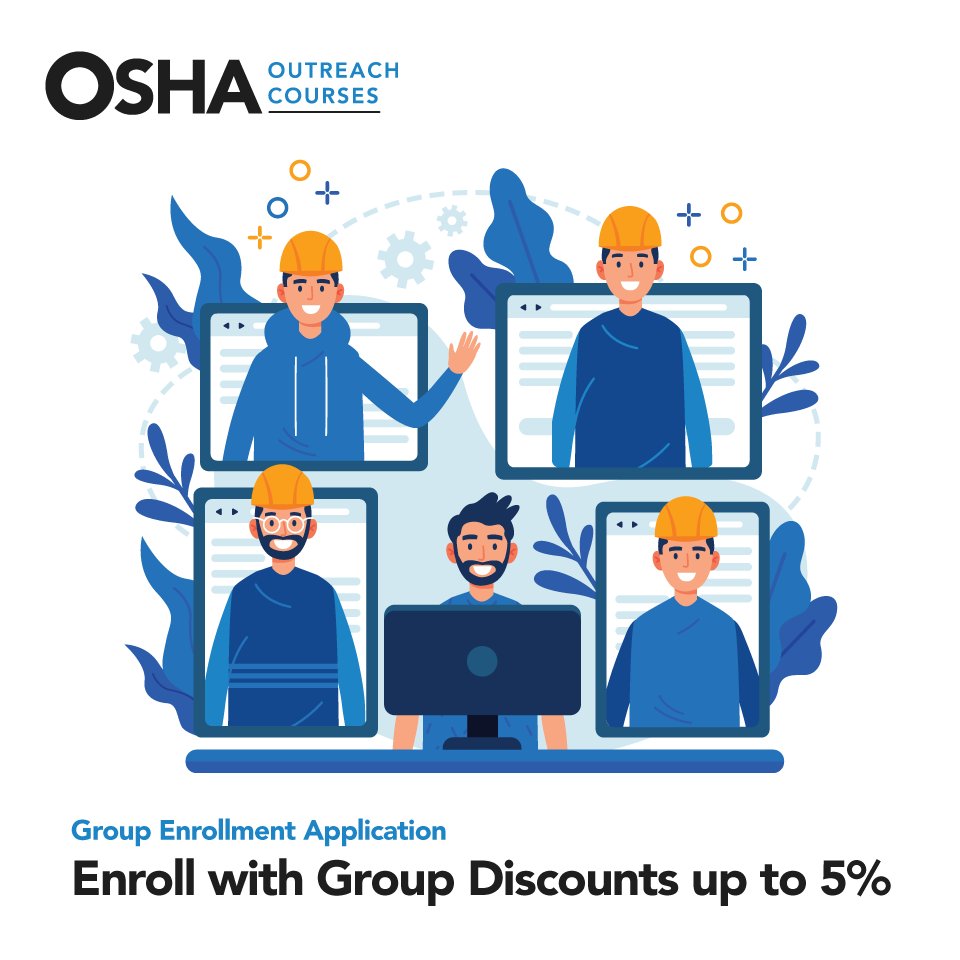 OshaOutreach's tweet photo. Sign up today for a group enrollment discount -- up to 5% with OSHA Outreach Courses!
Choose from OSHA 10 and OSHA 30 training courses, whichever fits your bill. For more, visit https://t.co/clhdt0TOgX

#osha #osha10hour #osha30hour #oshaoutreach https://t.co/WoAcNlEo9H