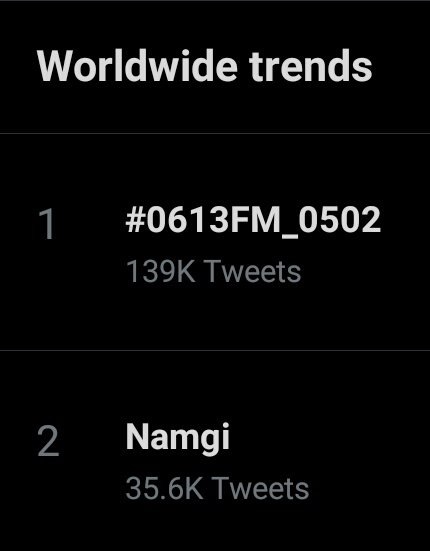 btsworldwider's tweet photo. .@BTS_twt was trending worldwide 
#1. 🌎 #0613FM_0502
#2. 🌎 ‘NAMGI’
Namjoon &amp; Yoongi was on VLIVE 3 hours ago! You can also use the hashtag above to leave questions &amp; ideas for what BTS members can answer and discuss next LIVE. 
📍(https://t.co/VyhklEXUAG) https://t.co/EdV0l07UBs