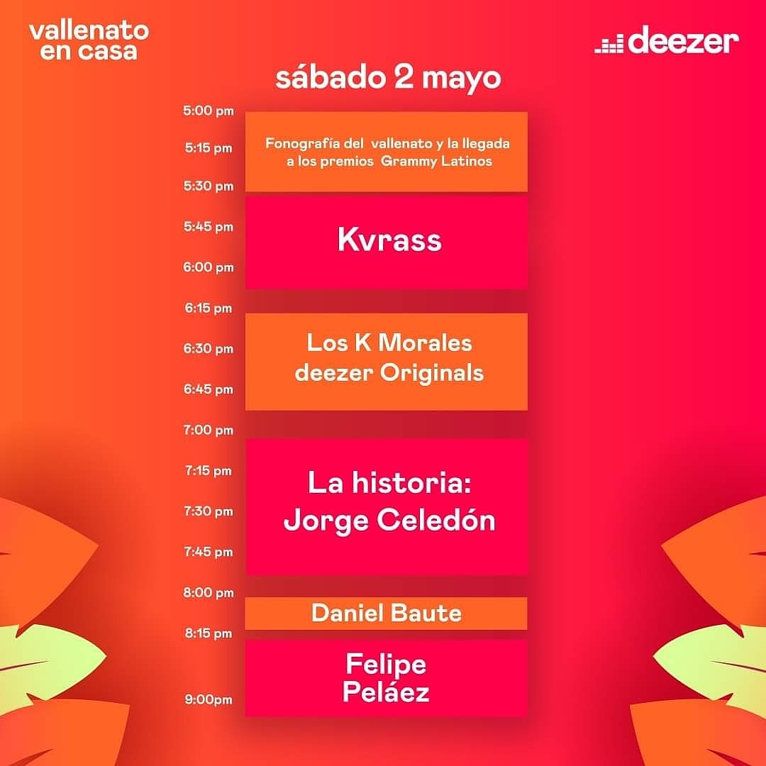 Intervallenato's tweet photo. Hoy #VallenatoenCasa #Deezer cierra su ciclo de presentaciones con una espectacular programación para que conozcas las historias de Jorgito Celedon, Felipe Peláez, Kvrass, LosKMorales  y DanielBauteP.
Disfruta a través de https://t.co/rS6Sj14ejT en el horario de 5p.m. a 9p.m. https://t.co/FLbGjYswMX