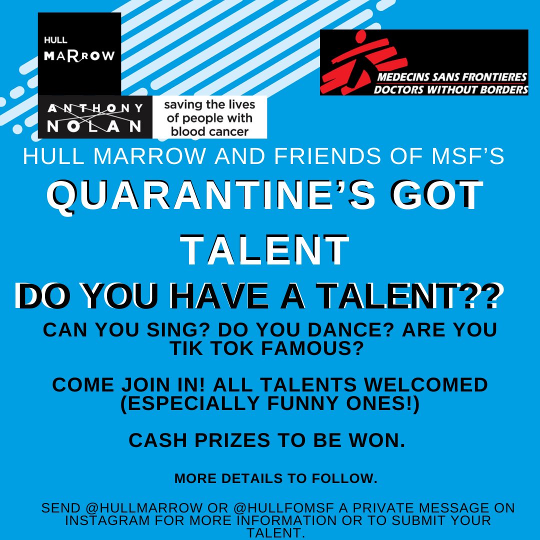 HullMarrow's tweet photo. We’re collabing with FoMSF to host our first ever (and hopefully last😂):

“Quarantine’s Got Talent!”

If you would like to get involved please send in a clip of your talent (could be singing, dancing, or even a tik tok!) - details of the show will be released in the next week💙 https://t.co/B8mRfAVeNH