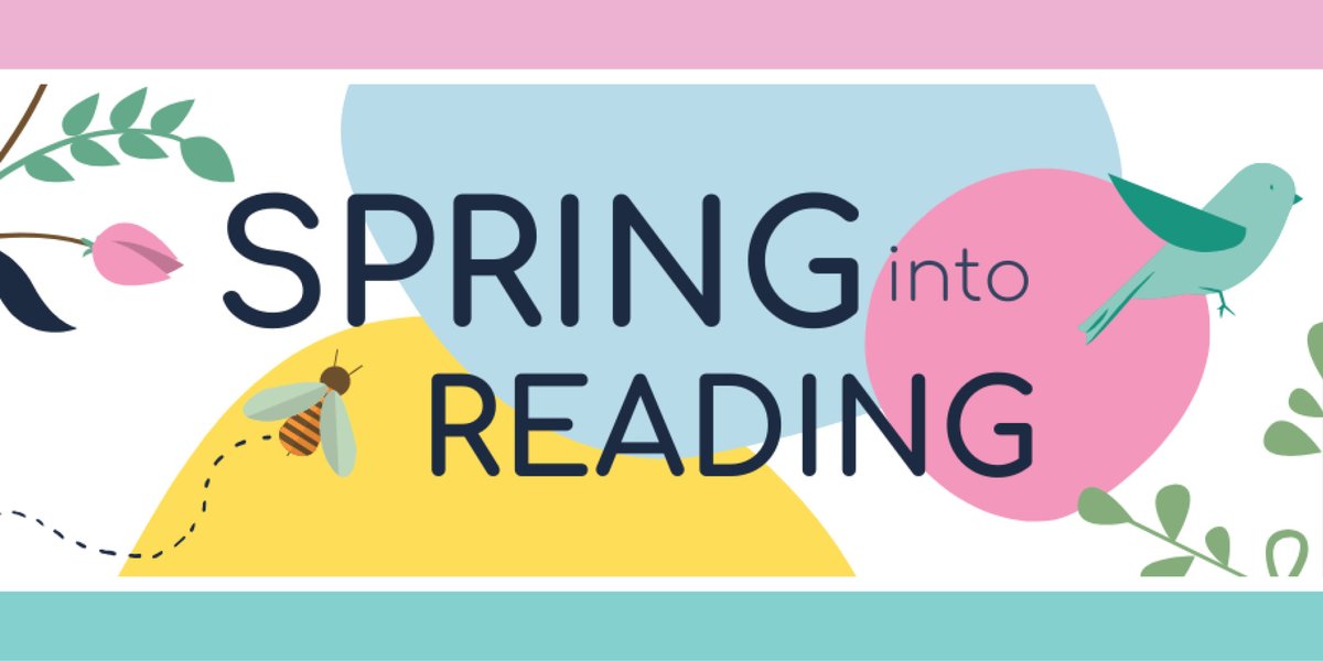 spring flowers, bird and bee logo graphic with spring into reading text