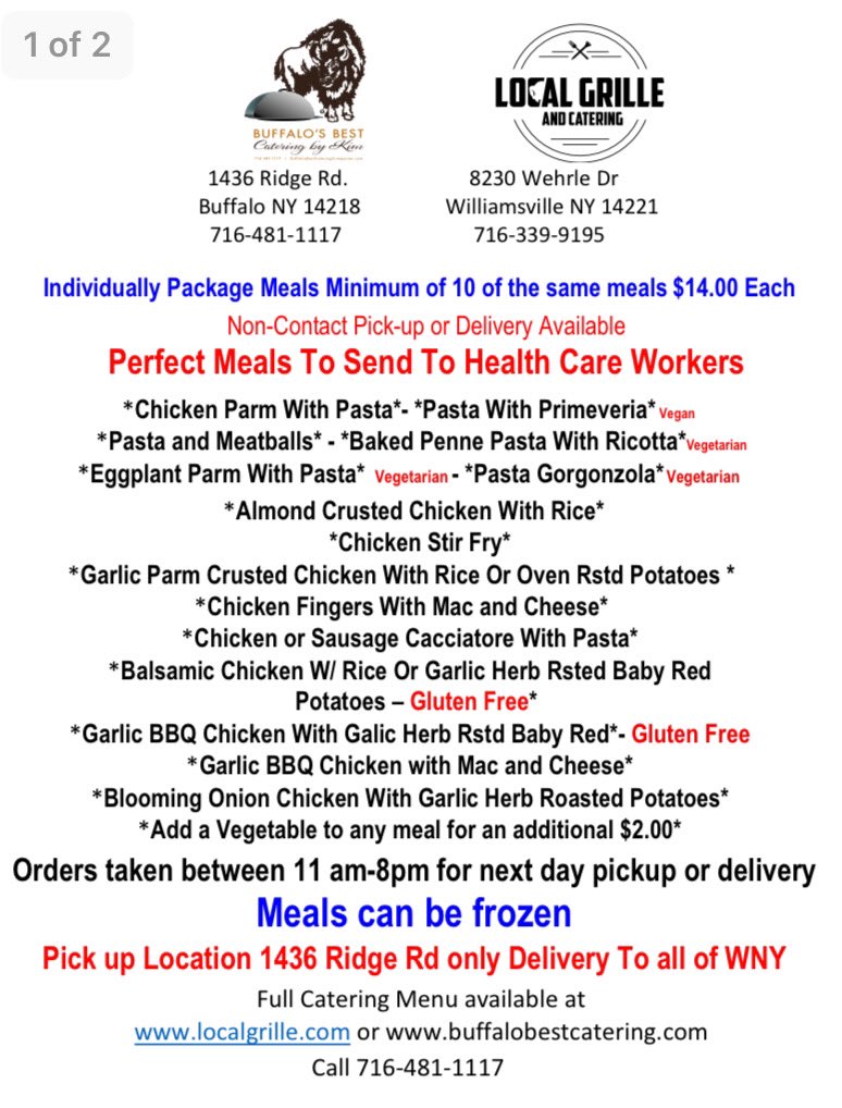 UPDATED MENU! Order some meals for yourself or for a healthcare worker you love. 

✅ Vegan options
✅ Vegetarian options 
✅ Gluten free options

Call to order - 716-481-1117! #eatlocal #supportlocal