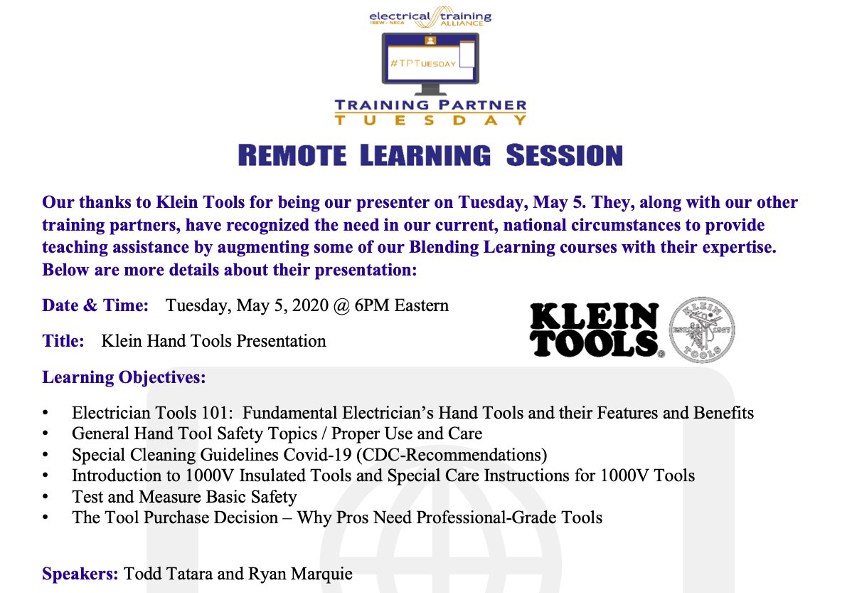 IBEWNECAetA's tweet photo. Don't forget about the #TPTuesdayRemoteLearningSession on Tuesday, 5/5, with @Klein_Tools. Registration details can be found in the Blended Learning Blog. See you Tuesday! #etATraining #GettingThruThisTogether https://t.co/Pjub5ltqW2