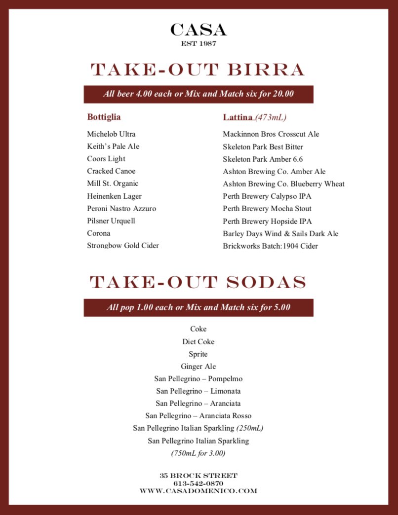 CasaDomenico's tweet photo. It’s WAY too nice to cook tonight! 
Call Casa and book your pick up time. 
Taking calls now! 
613-542-0870
We have wine, beer and pop available as well. 
#casa #ygk #takeout https://t.co/42wSqg9Wvs