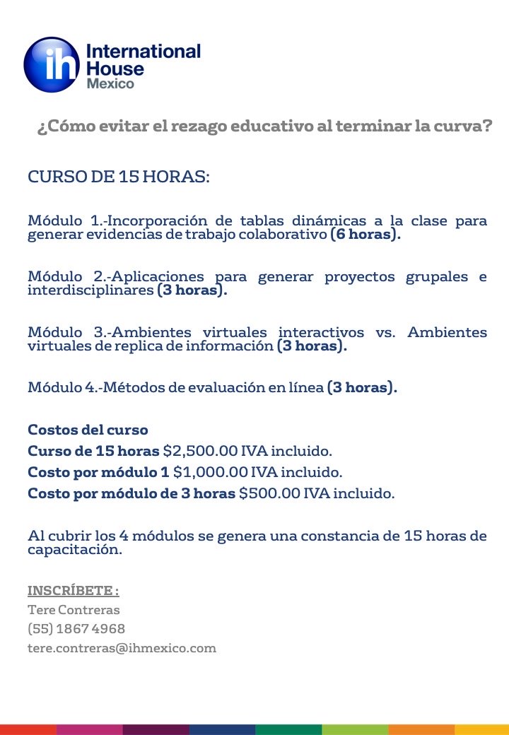 ihmexico's tweet photo. En International House México nos preocupamos por los #maestros, te ofrecemos #herramientas que te serán de gran utilidad para dar tus #clasesenlínea. 👨‍🏫👩‍🏫👌
👉 Inscríbete con Tere Contreras
(55) 1867 4968
tere.contreras@ihmexico.com
#QuédateEnCasa https://t.co/q6CO5eX0A5