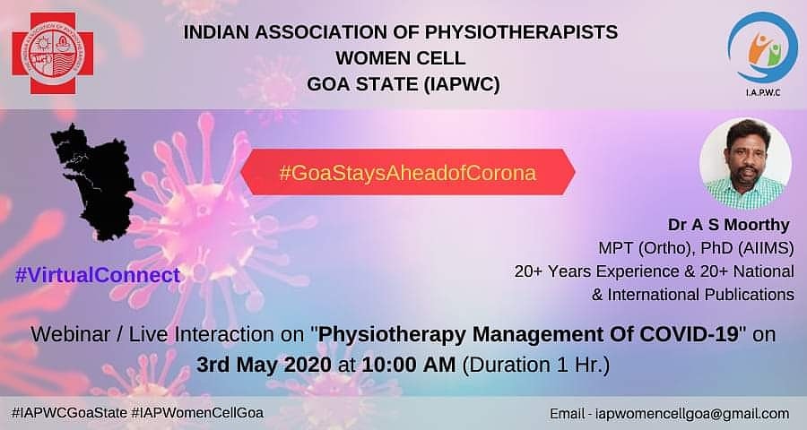 Curamos_Physio's tweet photo. #IAPWomenCellGoaState is Organizing a #Webinar & #Live #Interaction session with Dr. #ASMoorthy BPT(#Ortho) & PhD (#AIIMS) who shall talk on #Physiotherapy #Management of #COVID_19 on 3 May 20 at 10 AM.URL- https://t.co/003BUpXurQ https://t.co/GwgZtrg35L