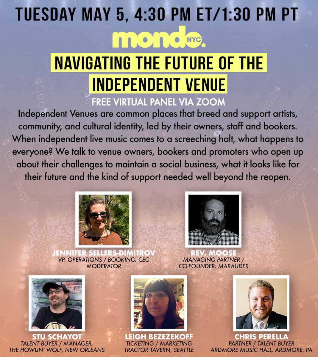 We’re finally addressing the future of #livemusic in a post #COVID world. Join Mondo.NYC this Tuesday as we discuss the continuing impact of COVID-19 on the live music scene.

You’re not going to want to miss this one! Register here: us02web.zoom.us/meeting/regist…