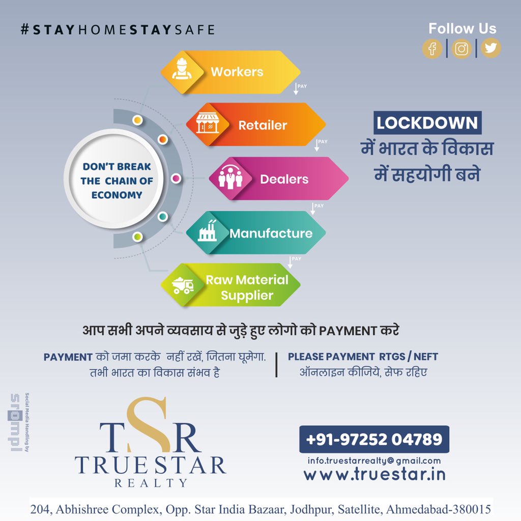 TrueStarRealty's tweet photo. भारत के विकास में सहयोगी बने | आप सभी अपने व्यवसाय से जुड़े हुए लोगों को पेमेंट करें |
.
.
.
.
#lockdown #economy #economychain #india #business #businesschain #payment #growth #worker #manufacturer #Caturday #SaturdayStyle #SaturdaySweat #SaturdaySpecial #SaturdaySale https://t.co/nIC9bDkHKL