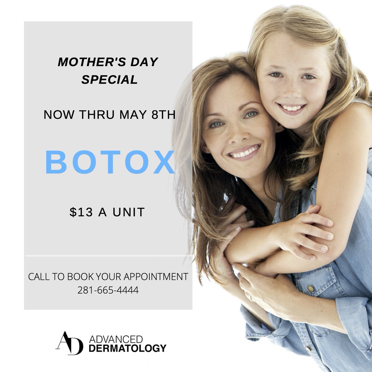 advanced_derm's tweet photo. In appreciation of our customers & in honor of Mother’s Day we are welcoming all patients with special savings on Botox at $13 / unit. 281-665-4444 to make an appointment. #botox #botoxhouston #mothersday #katy #sugarland #pearland #leaguecity #houstonstrong https://t.co/CNSZHk9Fc3