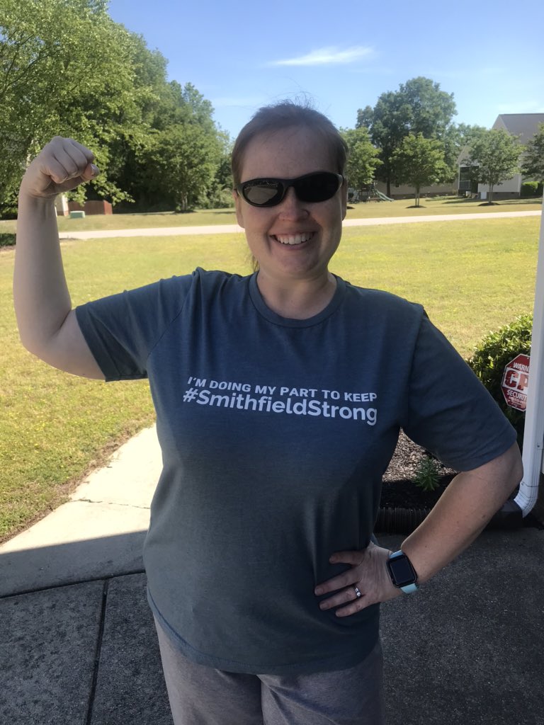 MyraBurrell's tweet photo. Completed my first ever 5K! Walked most but did jog some too. Beat my goal of 1 hour too! @pfcjoco #SmithfieldStrong https://t.co/Ah5dgwe5sa