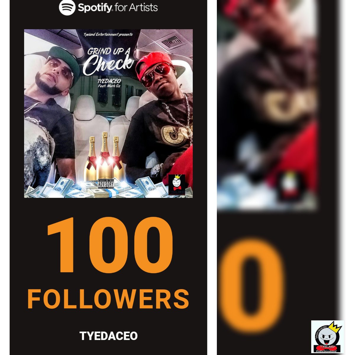 Tyeleez's tweet image. You did it. You just hit 100 followers on Spotify.That&apos;s 100 real people who are now eagerly awaiting your next release.

@tyedaceo @Spotify @spotifyforartists #keepgrinding #keepbuilding #keepnetworking