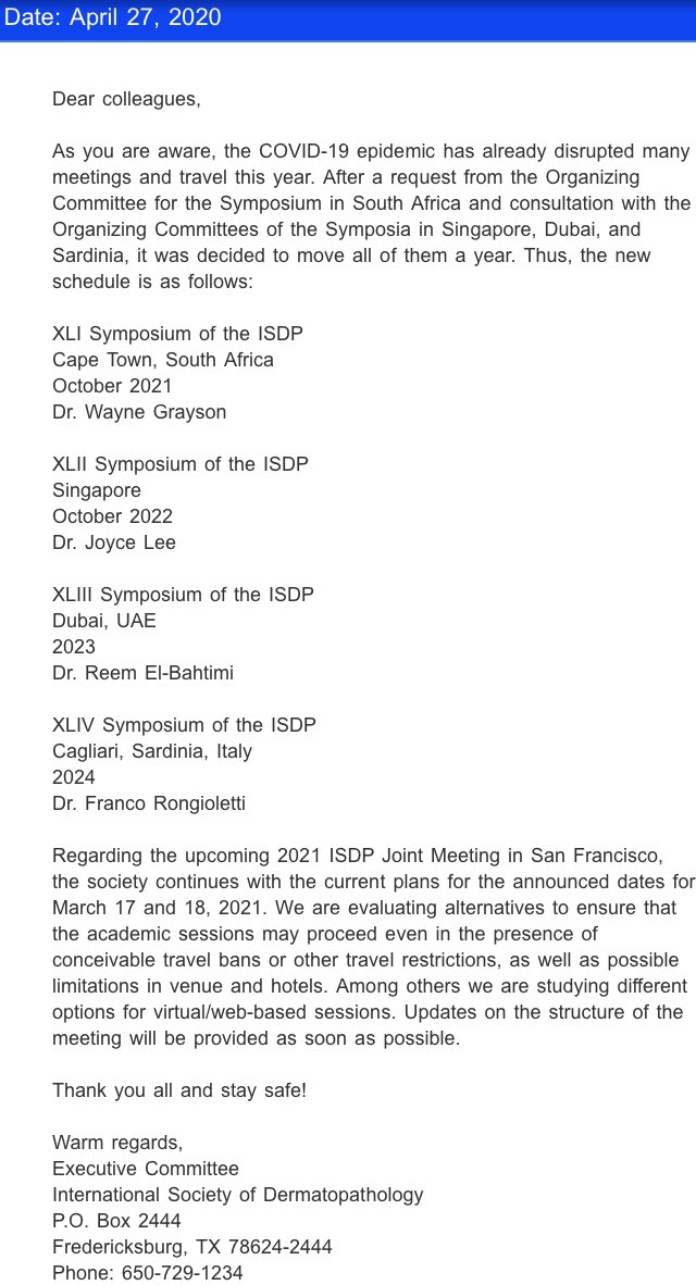 Symposiums will be moved a year do to the COVID-19 epidemic #dermpath
