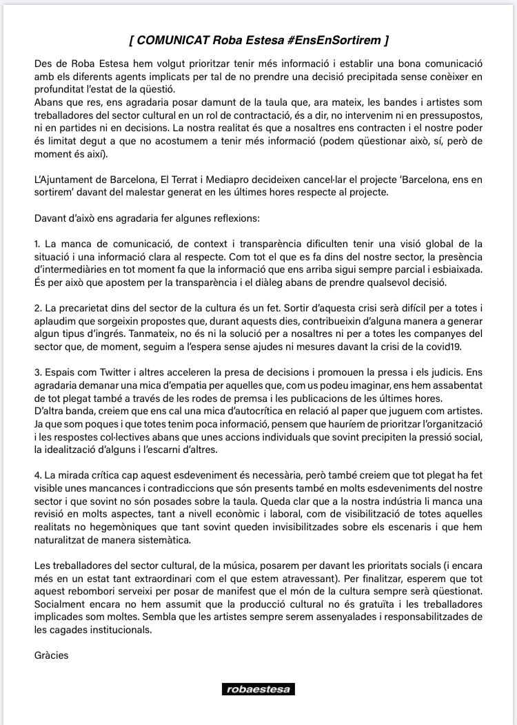 Volem compartir-vos les nostres reflexions #EnsEnSortirem