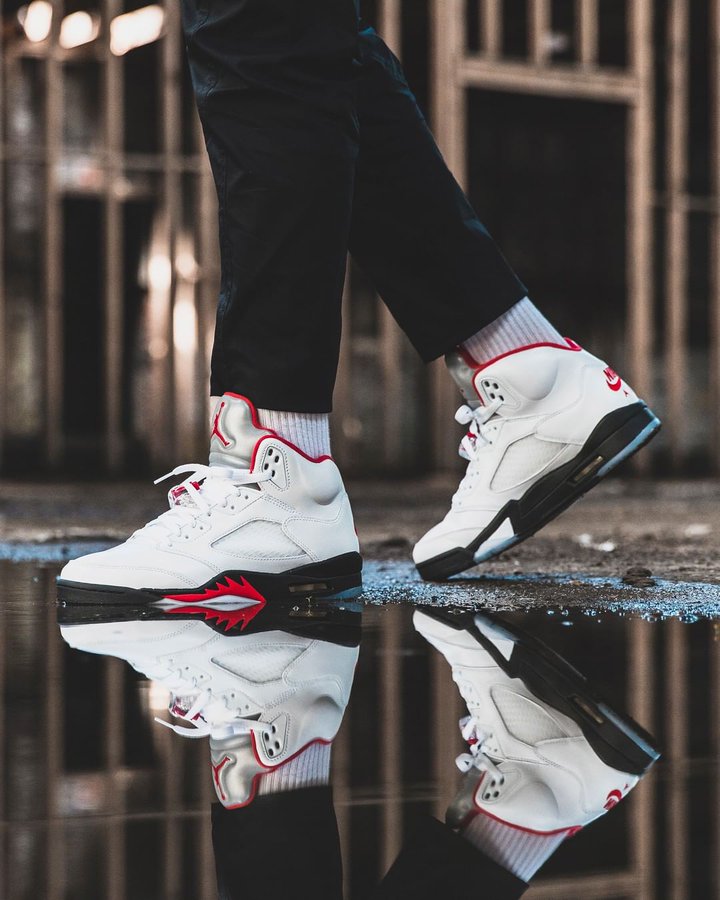 retro 5 fire red on feet