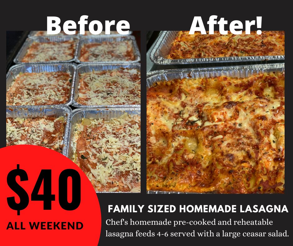 We've done all the cooking so all you have to do is reheat! Family-sized homemade lasagna, made from scratch for $40 and feeds 4-6 and comes with a large Caesar salad. Call any time after 2:00 to order yours for pick-up.  Check out our full menu at papagiuseppes.com