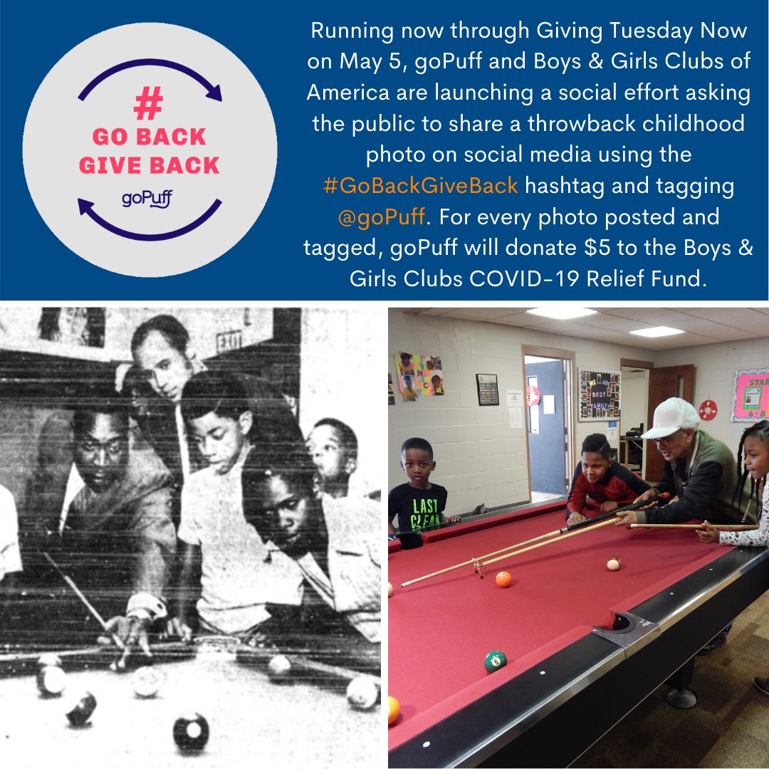 BGCYoungstown's tweet photo. Running now through May 5, @gopuff & @BGCA_Clubs are asking the public to share a throwback childhood photo on social media using the #GoBackGiveBack hashtag and tagging goPuff. For every photo posted and tagged, goPuff will donate $5 to the BGCs COVID-19 Relief Fund. https://t.co/gCL4ijnxgP