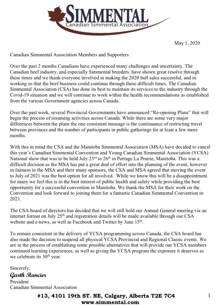 Canadian Simmental (@cdnsimmental) on Twitter photo Important notice regarding the 2020 <a href="/CdnSimmental/">Canadian Simmental</a> Convention and National YCS show. See you all in Manitoba in 2021! #simmental #ycsa Important notice regarding the 2020 <a href="/CdnSimmental/">Canadian Simmental</a> Convention and National YCS show. See you all in Manitoba in 2021! #simmental #ycsa