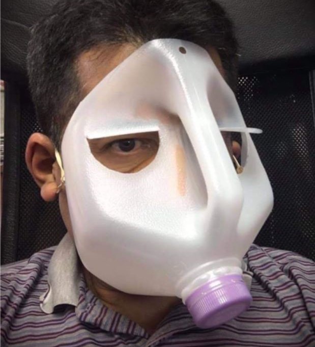 DeanJC420's tweet image. #Maskhack Here's a beauty! 100 twitter points to anyone posting a photo wearing the mask in the photo! Save lives, wear a milk jug! 💯😷