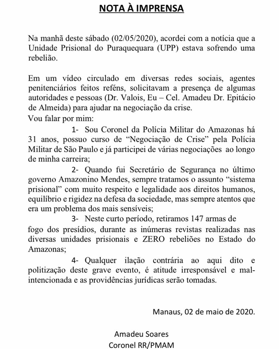 rrscamazonas's tweet photo. Nota do Coronel PM Amadeu referente à rebelião na Unidade Prisional do Puraquequara ocorrida hoje (02/05). https://t.co/3ptvIws2jv